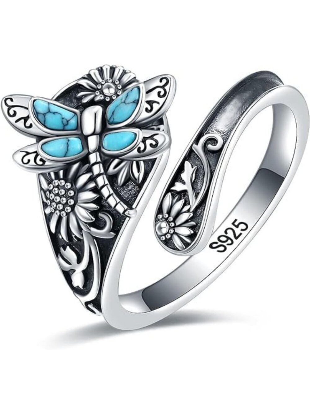 Vintage Boho Abalone Dragonfly Spoon Ring - S925 Sterling Silver Floral Wrap